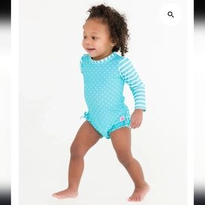 Ruffle Butts Aqua Polka Dot Rash Guard 1 Piece Swimsuit Babies 6-12 Mo